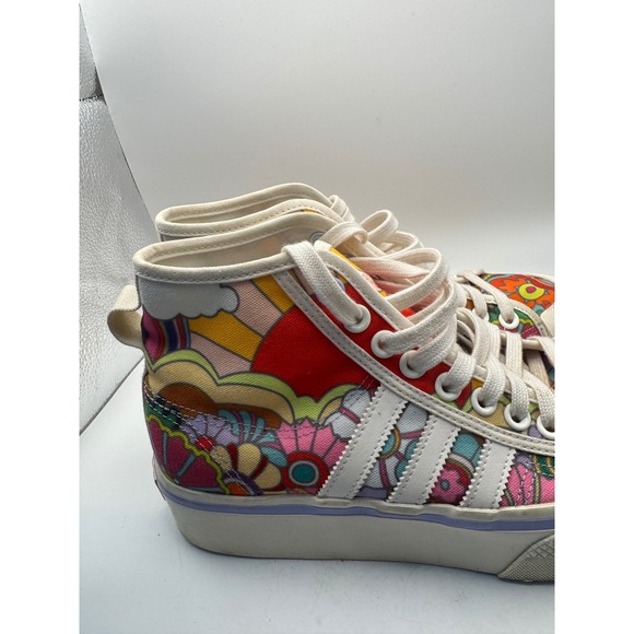 Adidas NIZZA Platform High Top Sneakers Floral Print White Women's 8.5 - Picture 2 of 12
